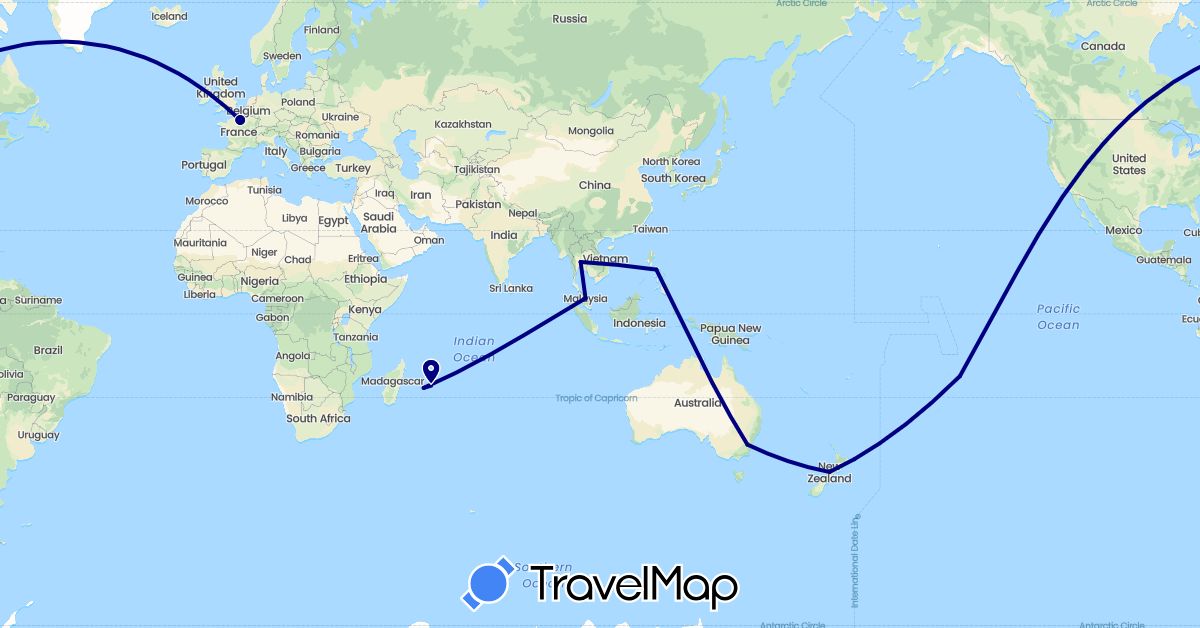 TravelMap itinerary: driving in Australia, France, Mauritius, Malaysia, New Zealand, Philippines, Thailand (Africa, Asia, Europe, Oceania)